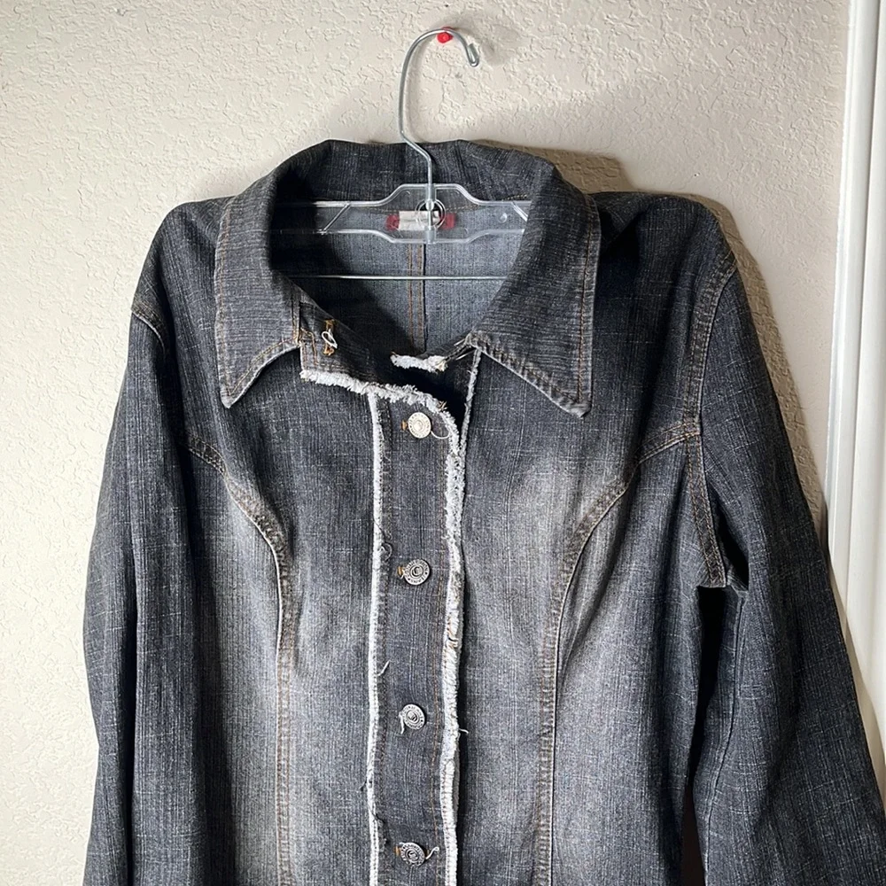 Connection 18 Distressed Black Denim Duster with White Fringe - Picture 3 of 5